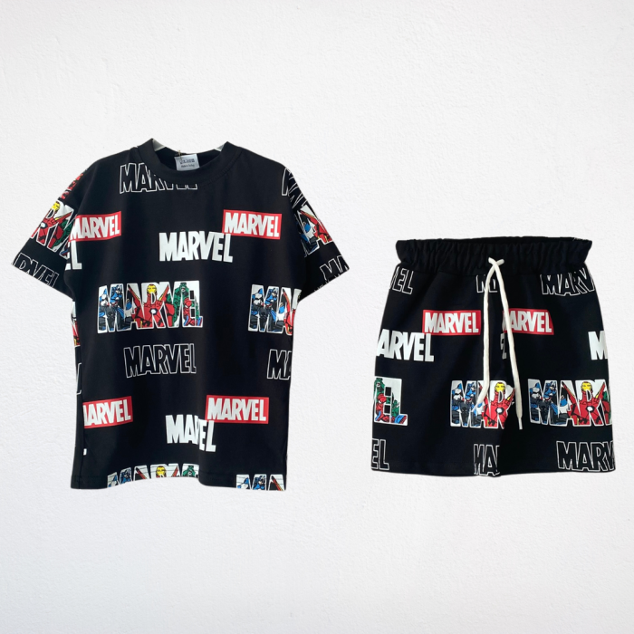 Marvel Baskılı Çocuk Tişört & Şort Takım – Siyah