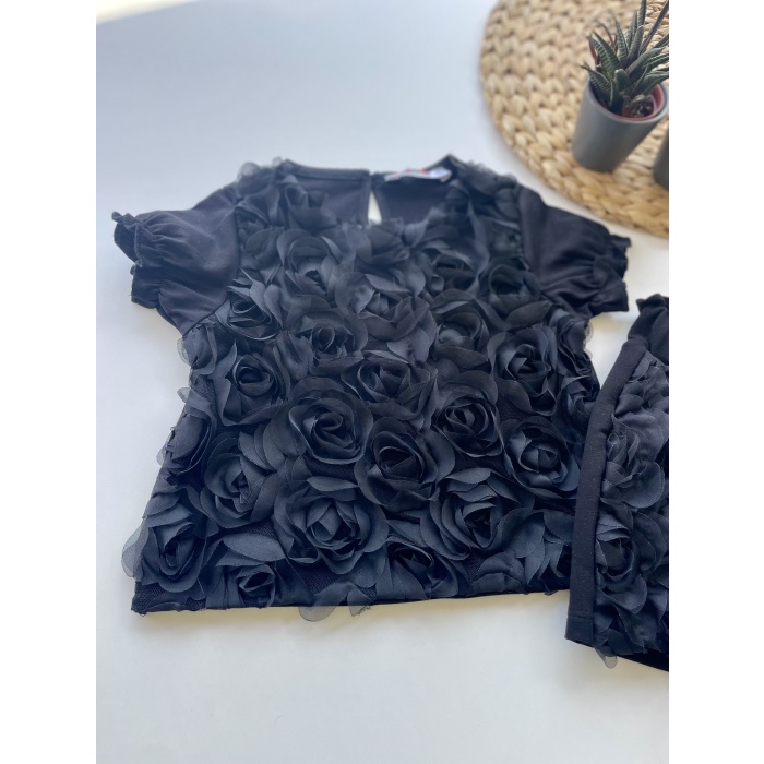 3D Gül Detaylı Kız Çocuk Takım - Siyah