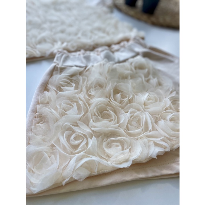 3D Gül Detaylı Kız Çocuk Takım - Krem