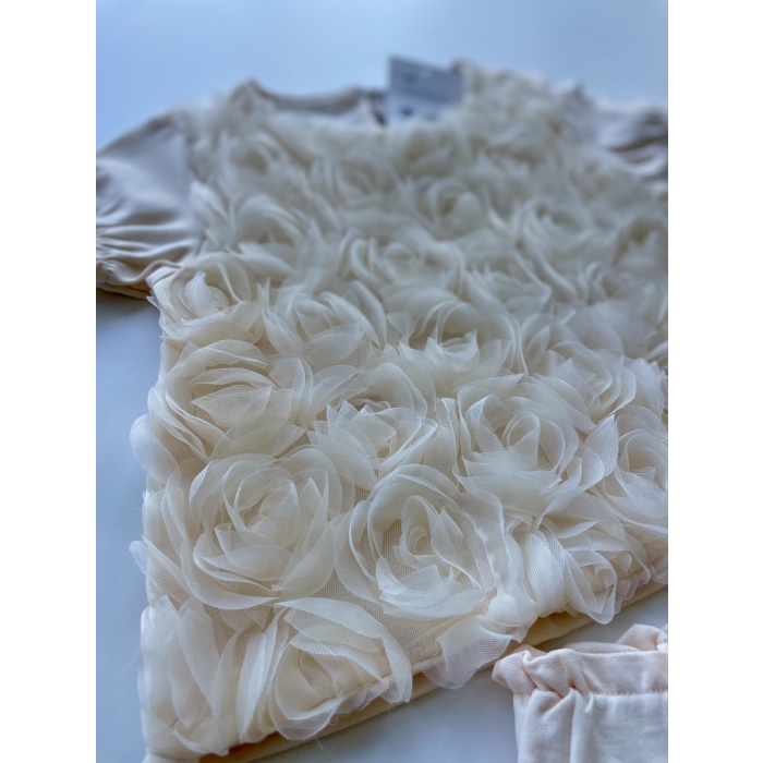 3D Gül Detaylı Kız Çocuk Takım - Krem