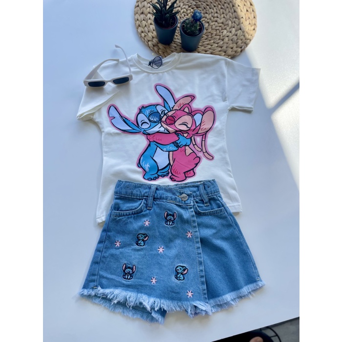 Stitch Baskılı Tişört ve Nakışlı Kot Şort Takım