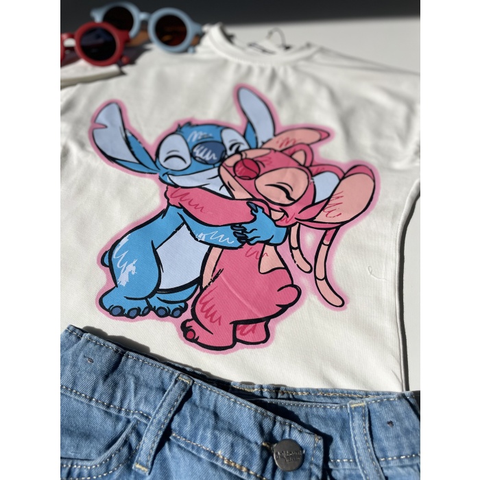 Stitch Baskılı Tişört ve Nakışlı Kot Şort Takım