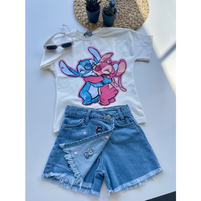 Stitch Baskılı Tişört ve Nakışlı Kot Şort Takım