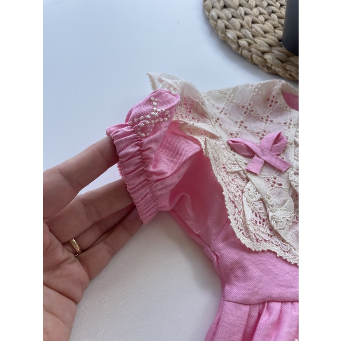 Dantel Yaka Detaylı Pembe Kız Çocuk Elbisesi