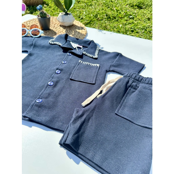 Polo Yaka Detaylı Şortlu Takım - Lacivert