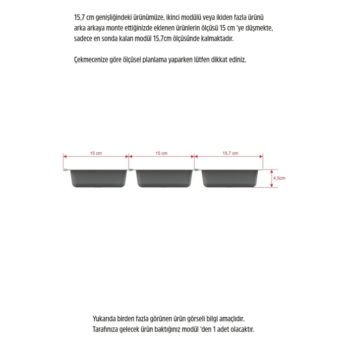 Mutfak Çekmece Içi Iki Bölmeli Kaşıklık 16cm X 48cm Antrasit Gri