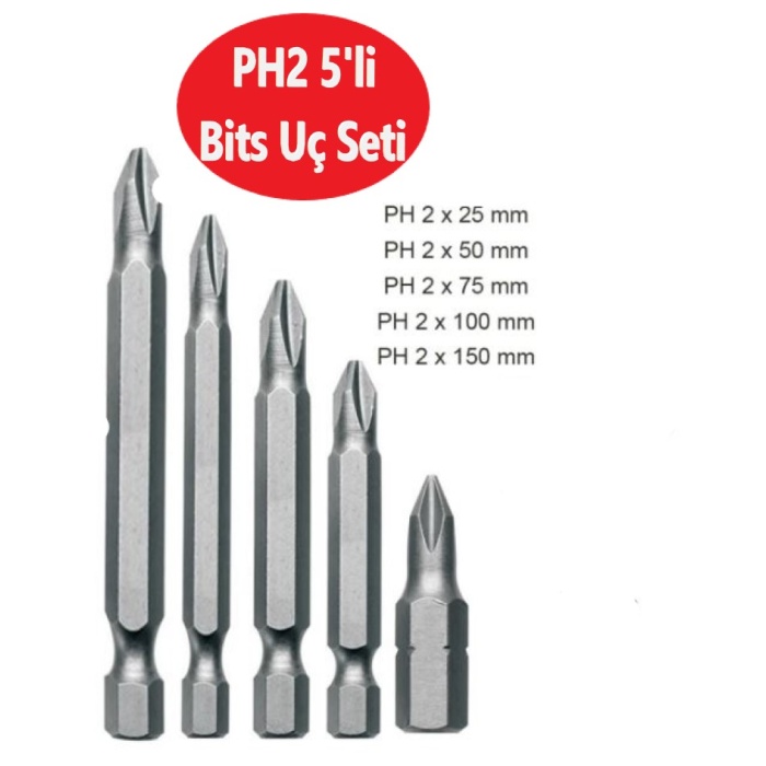 Bits Uç, PH2 Yıldız Matkap Ucu 25mm, 50 mm 75mm, 100mm,  150mm  PH2  5li Set