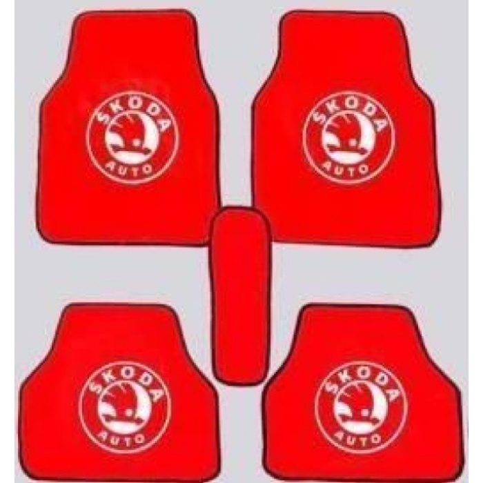 SKODA Logolu Kırmızı Halı Paspas 5 Parça Üniversal Model Kalın Malzeme