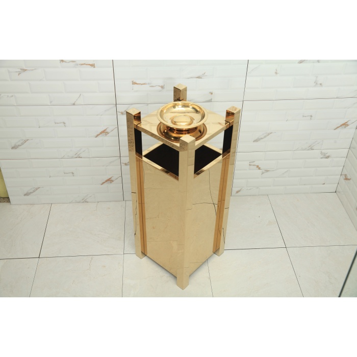Dış Mekan Çöp Kovası ve Küllük, PVD Gold Kaplama, 30x30x80cm, 304 Paslanmaz Malzeme