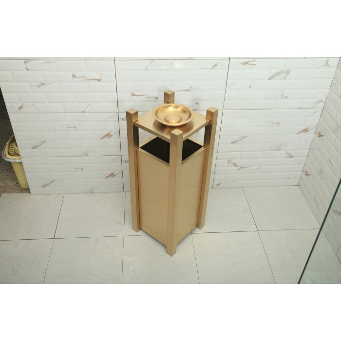 Dış Mekan Çöp Kovası ve Küllük, PVD Mat Gold Kaplama, 30x30x80cm, 304 Paslanmaz Malzeme
