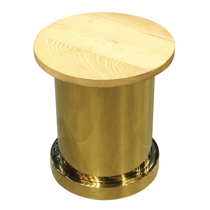 Gold Chrome Natural Ahşap Kestane Oval Tabure, 40x40x45cm, PVD Kaplama, 304 Paslanmaz Malzeme