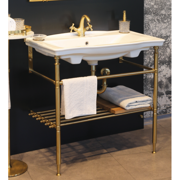 Velma Lavabo Large PVD Mat Gold 85 x 50 x 82 cm Porselen 304 Paslanmaz ve Pirinç