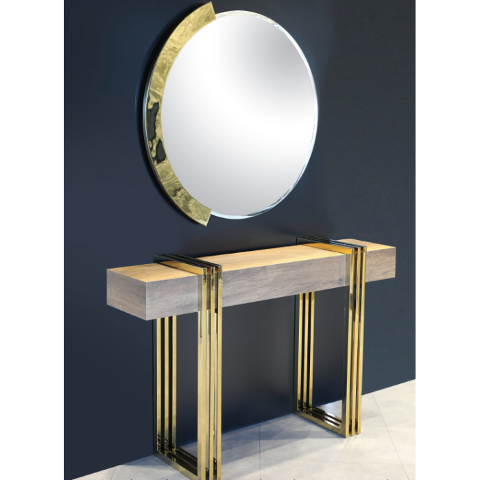 D-B Dresuar PVD Mat/Parlak Gold 30 x 138 x 90 cm 304 Paslanmaz MDF ve Ayna Ayna / ø90 cm