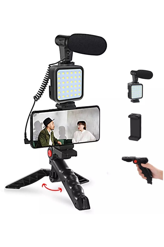Ay-49 Smartphone Camera Video Microphone Vlogging Kit With Microphone Mini Led Light And Tripod