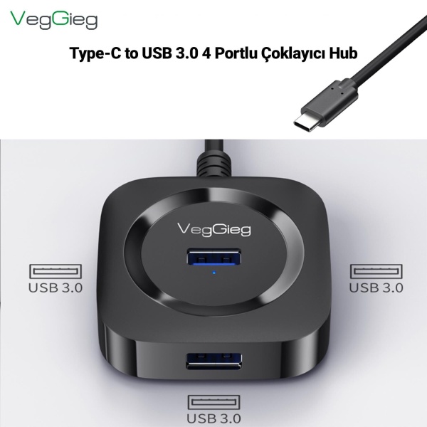 VegGieg 4 Portlu Type-C to USB 3.0 Çoklayıcı Hub Siyah, Type-C üzerinden bilgisayarınıza 4 adet USB 3.0 bağlantı noktası ekler. Bu sayede klavye, mouse, USB bellek ve HDD gibi USB cihazlarını aynı anda kullanmanıza olanak tanır. Micro USB (5V2A) dest