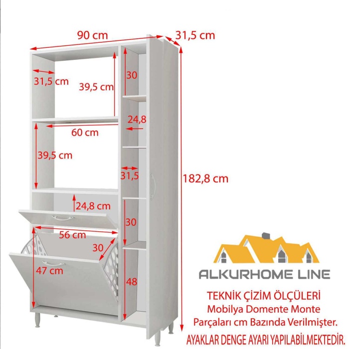 İLKİN 90x183 cm Kirli Çamaşır Sepetli Banyo Dolabı, Çok Amaçlı Sepetli Banyo Dolabı, Kirli Çamaşır Sepeti