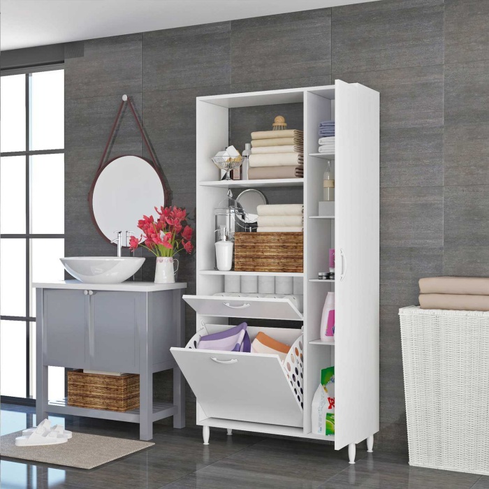 İLKİN 90x183 cm Kirli Çamaşır Sepetli Banyo Dolabı, Çok Amaçlı Sepetli Banyo Dolabı, Kirli Çamaşır Sepeti
