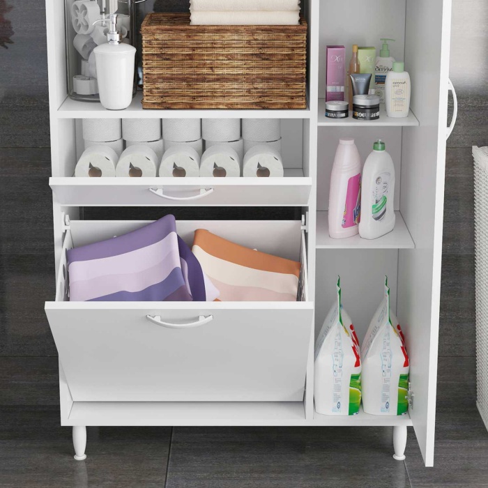 İLKİN 90x183 cm Kirli Çamaşır Sepetli Banyo Dolabı, Çok Amaçlı Sepetli Banyo Dolabı, Kirli Çamaşır Sepeti