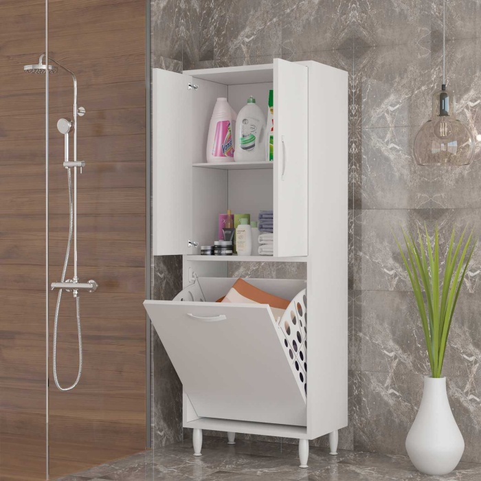 GAMZEM  50x140 cm Kirli Çamaşır Sepetli Banyo Dolabı
