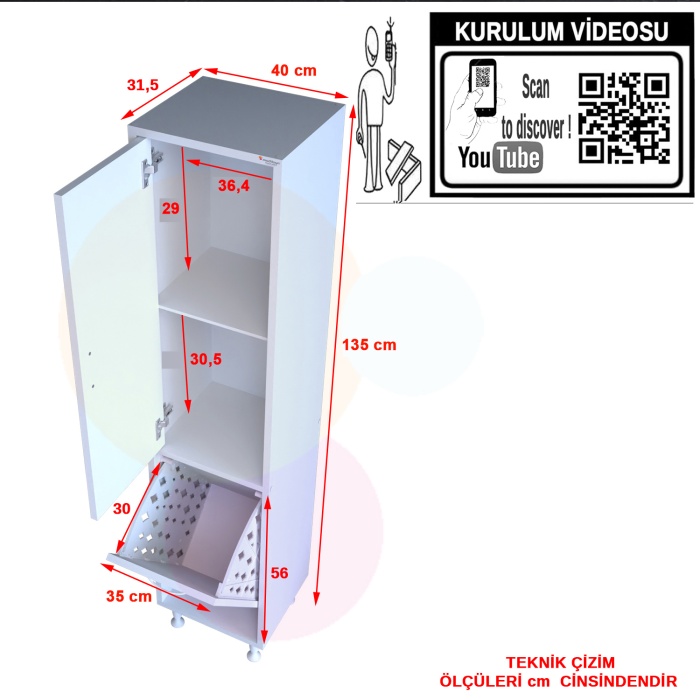 MODİLAYN ECRİN 40x136 cm Çamaşır Ve Erzak Bölmeli Çok Amaçlı Dolap