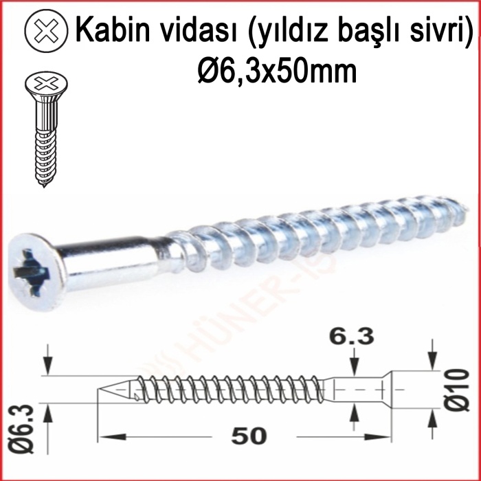 Metal Galvaniz Kabin vidası (yıldız başlı sivri) Ø6,3x50mm 100 Adet Kargo bedava