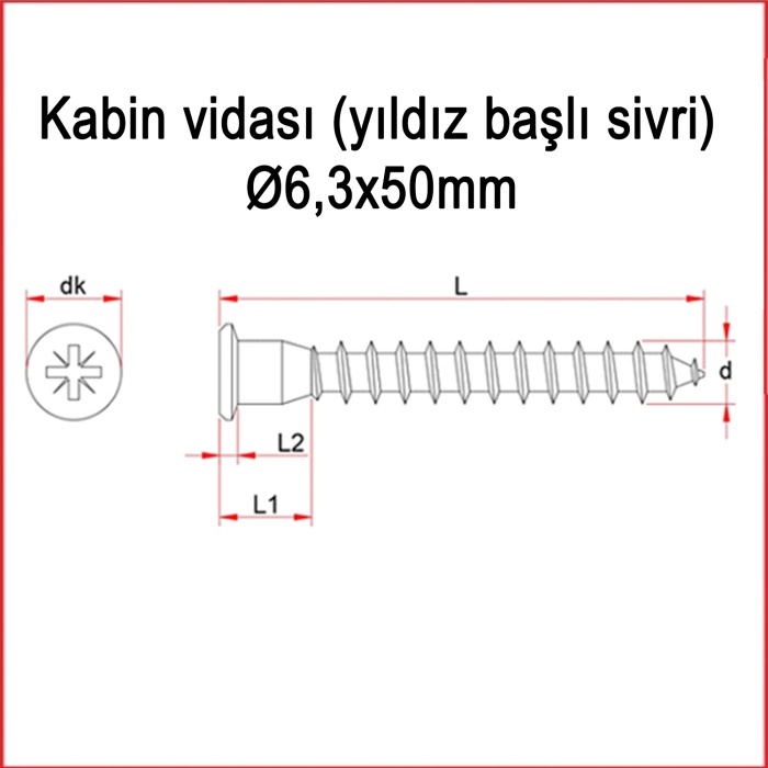 Metal Galvaniz Kabin vidası (yıldız başlı sivri) 06,3x50mm 100 Adet Kargo bedava