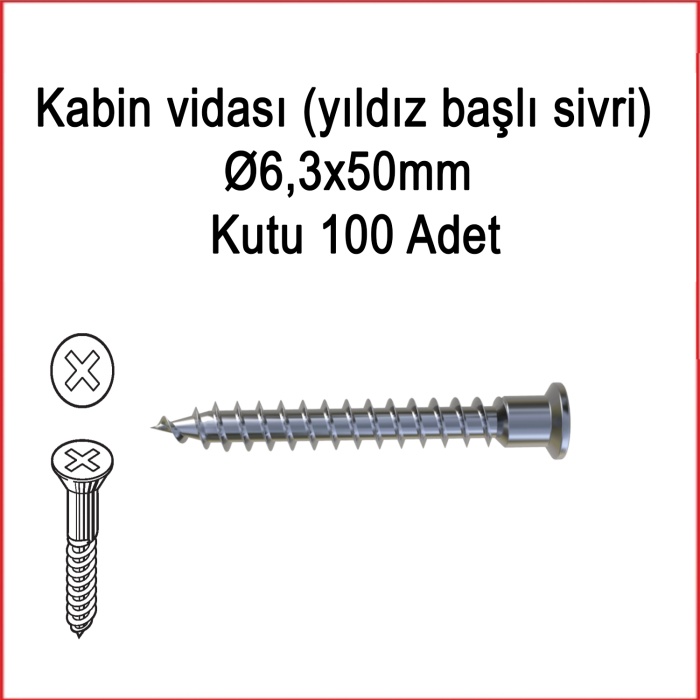 Metal Galvaniz Kabin vidası (yıldız başlı sivri) Ø6,3x50mm 100 Adet Kargo bedava