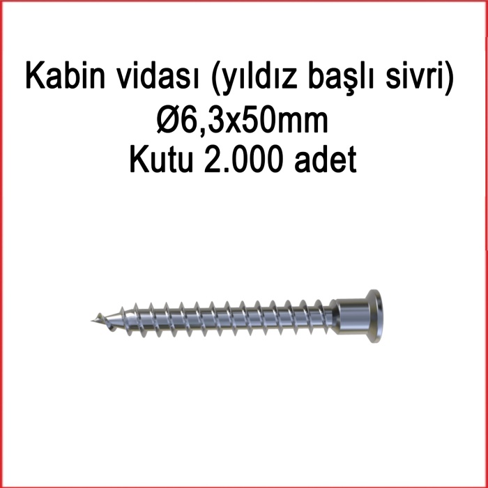 Metal Galvaniz Kabin vidası (yıldız başlı sivri) Ø6,3x50mm 1000 Adet Kargo bedava