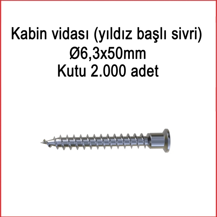 Metal Galvaniz Kabin vidası (yıldız başlı sivri) 06,3x50mm 1000 Adet Kargo bedava