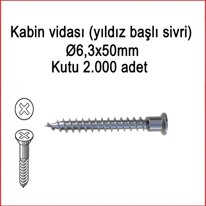 Metal Galvaniz Kabin vidası (yıldız başlı sivri) Ø6,3x50mm 1000 Adet Kargo bedava