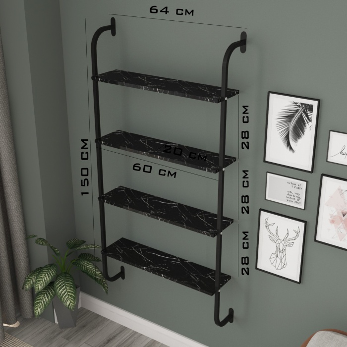 Dekoratif Duvar Rafı Metal 4 Siyah Mermer Desenli  Ahşap Raflı Kitaplık, Stant