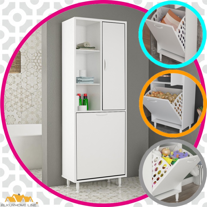 DİLSU 57x165 cm Kirli Çamaşır Sepetli Banyo Dolabı, Erzak Sepetli Mutfak Dolabı, Oyuncak Sepetli Çocuk Odası Dolabı