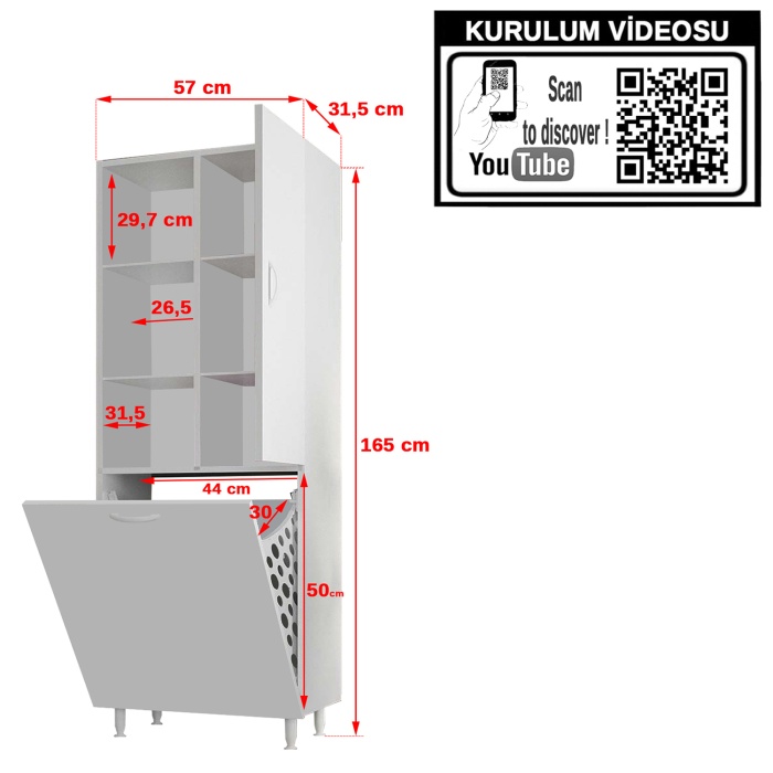 MODİLAYN DİLSU 57x165 cm Kirli Çamaşır Sepetli Banyo Dolabı, Erzak Sepetli Mutfak Dolabı, Oyuncak Sepetli Çocuk Odası Dolabı