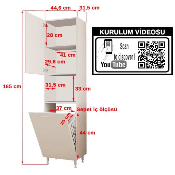 EGE 44,6x165 cm Kirli Çamaşır Sepetli, Erzak, Kiler, Oyuncak Dolabı