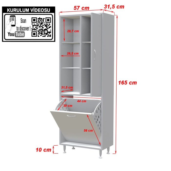 MODİLAYN YENİ İNCİ 57x165 cm Üç Kapaklı Çok Amaçlı Kirli Çamaşır Sepetli Banyo Dolabı