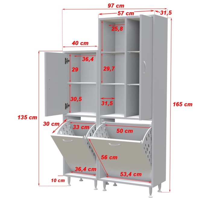 MODİLAYN FORBEST_İNCİ 97x165 cm 3 Kapaklı Kirli Çamaşır Sepetli Banyo Dolabı