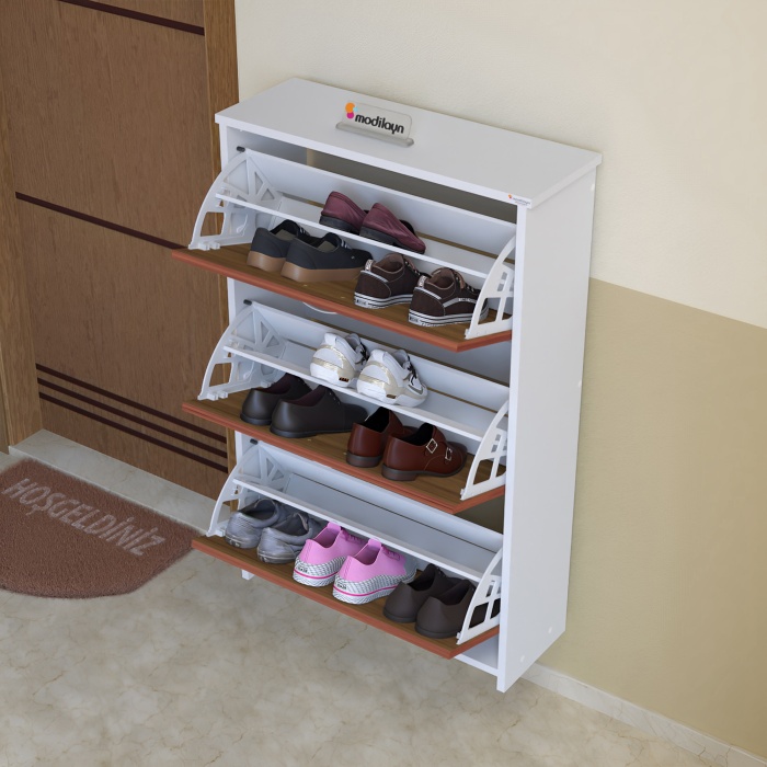 Modilayn MİHRA 72 X 112 X 25,5 cm Düşer Kapaklı 3 Katlı Ayakkabılık -Ceviz