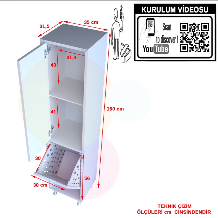 ALAÇATI 35x160 cm Erzak Sepetli Dolap, Banyo Düzenleyici Detarjan Temizlik Havlu Dolabı