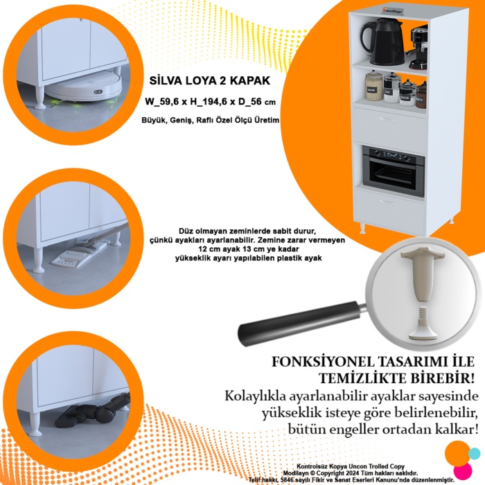 Modilayn SİLVA LOYA 59,6 x 194,6 x 56 cm 2 Kapaklı Ankastre Fırın ve Mutfak Dolabı