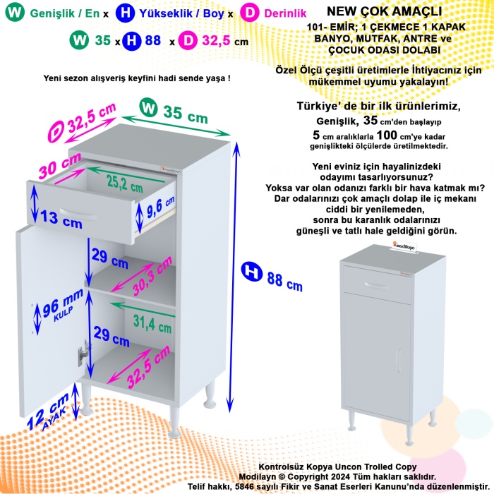 Modilayn EMİR 35 x 88 x 32,5 cm Kapaklı ve Çekmeceli Çok Amaçlı Banyo&Mutfak Dolabı