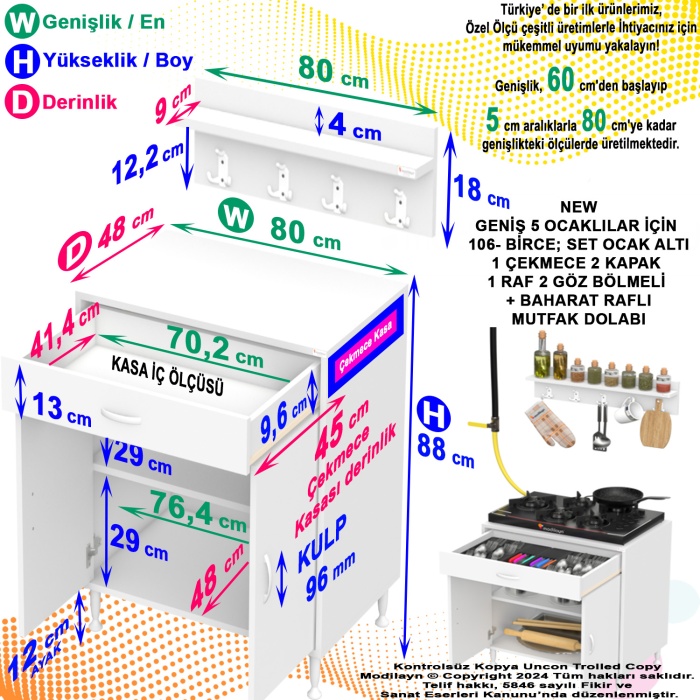 Modilayn BİRCE XXXL-80 x 87 x 48 cm Kapaklı Set Ocak Altı Dolap ve Baharat Rafı