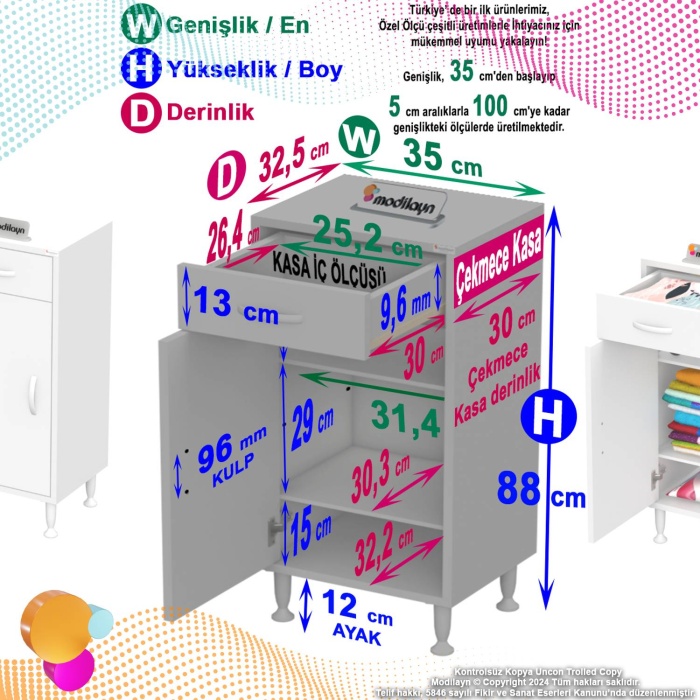 Modilayn EMİR 35 x 88 x 32,5 cm 1 Çekmece 1 Kapak 2 Raf 3 Bölme Çok Amaçlı Banyo & Mutfak Dolabı 