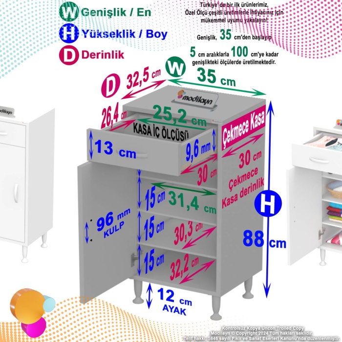 Modilayn EMİR 35 x 88 x 32,5 cm 1 Çekmece 1 Kapak 3 Raf 4 Bölme Çok Amaçlı Banyo & Mutfak Dolabı 
