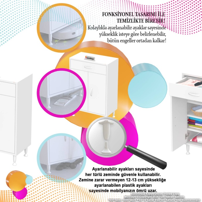 Modilayn EMİR 65 x 88 x 32,5 cm 1 Çekmece 2 Kapak 3 Raf 4 Bölme Çok Amaçlı Banyo & Mutfak Dolabı 