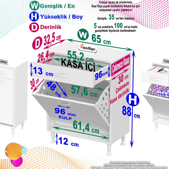 Modilayn EMİR 65 x88x32,5 cm 1 Sepetli kirli çamaşır  düzenleyici dolap