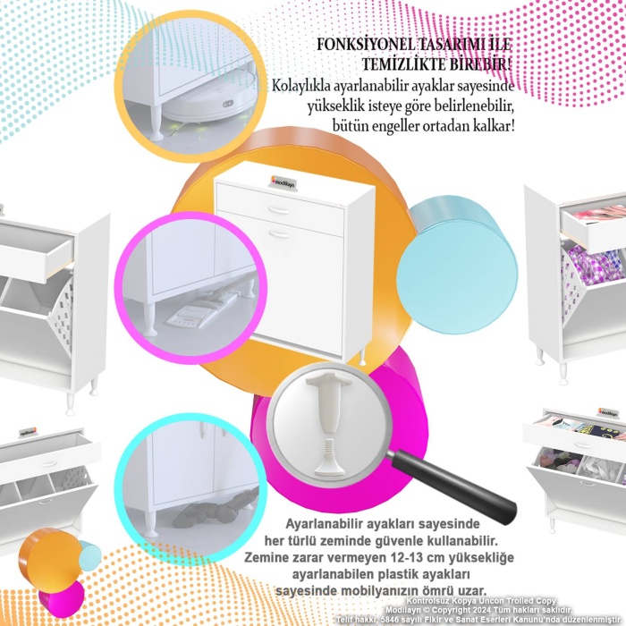 Modilayn EMİR 100x88x32,5 cm 3 Göz Sepetli kirli çamaşır pratik  düzenleyici dolap