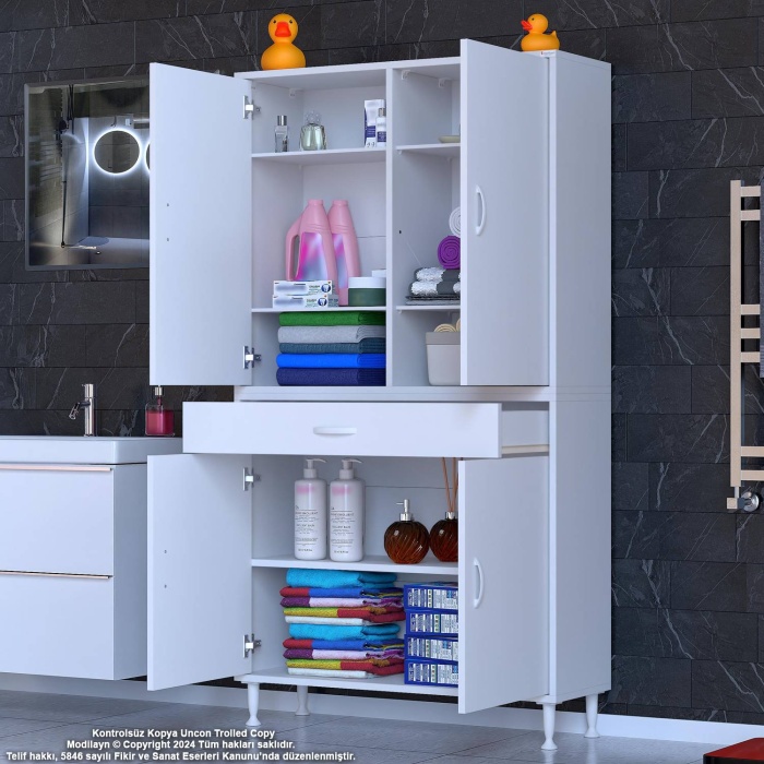 Modilayn YENİ AFRA 90 x 173 x 32,5 cm 1 Çekmece 4 Kapak 5 Raf 8 Bölme Çok Amaçlı Banyo & Mutfak Dolabı 