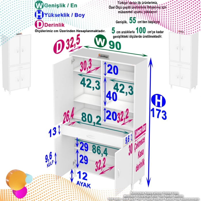 Modilayn YENİ AFRA 90 x 173 x 32,5 cm 1 Çekmece 4 Kapak 5 Raf 8 Bölme Çok Amaçlı Banyo & Mutfak Dolabı 