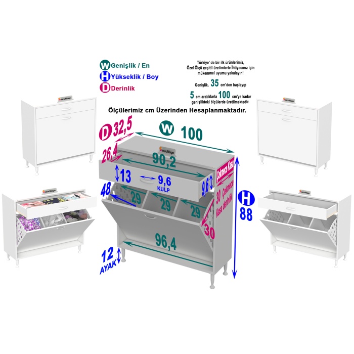 Modilayn EMİR 100x88x32,5 cm 3 Göz Sepetli kirli çamaşır pratik  düzenleyici dolap