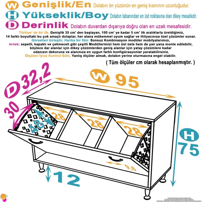 Modilayn SÖKE 95x75x32,5 cm lik Ultra Geniş 3 Çamaşır Sepet Hazneli Dolap Banyonuzun Yeni Gözdesi
